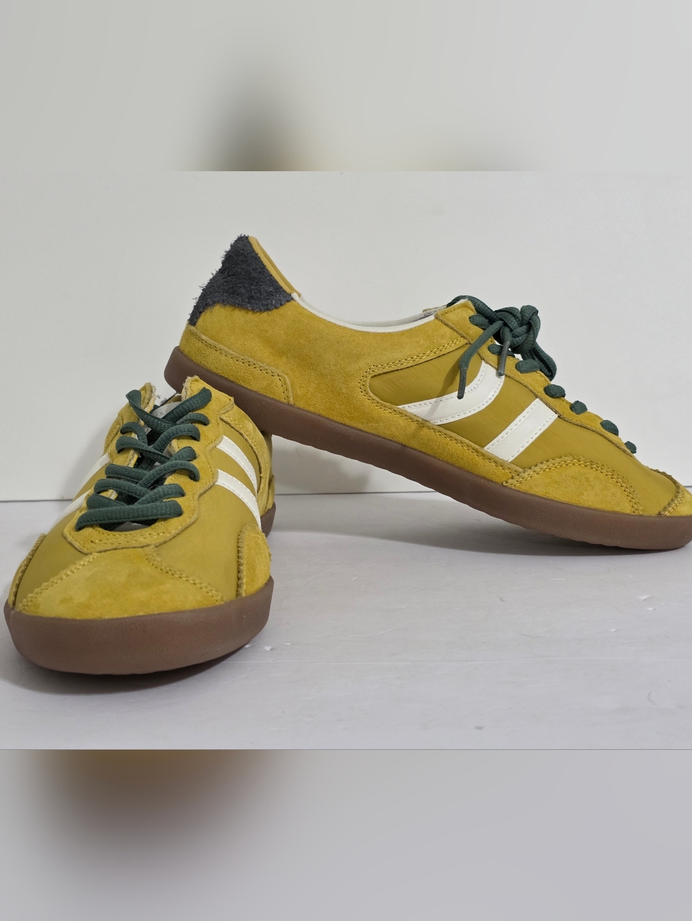 Coolway Mustard Yellow Suede Sneakers with White Stripes and Dark Green Laces - Picture 7 of 9
